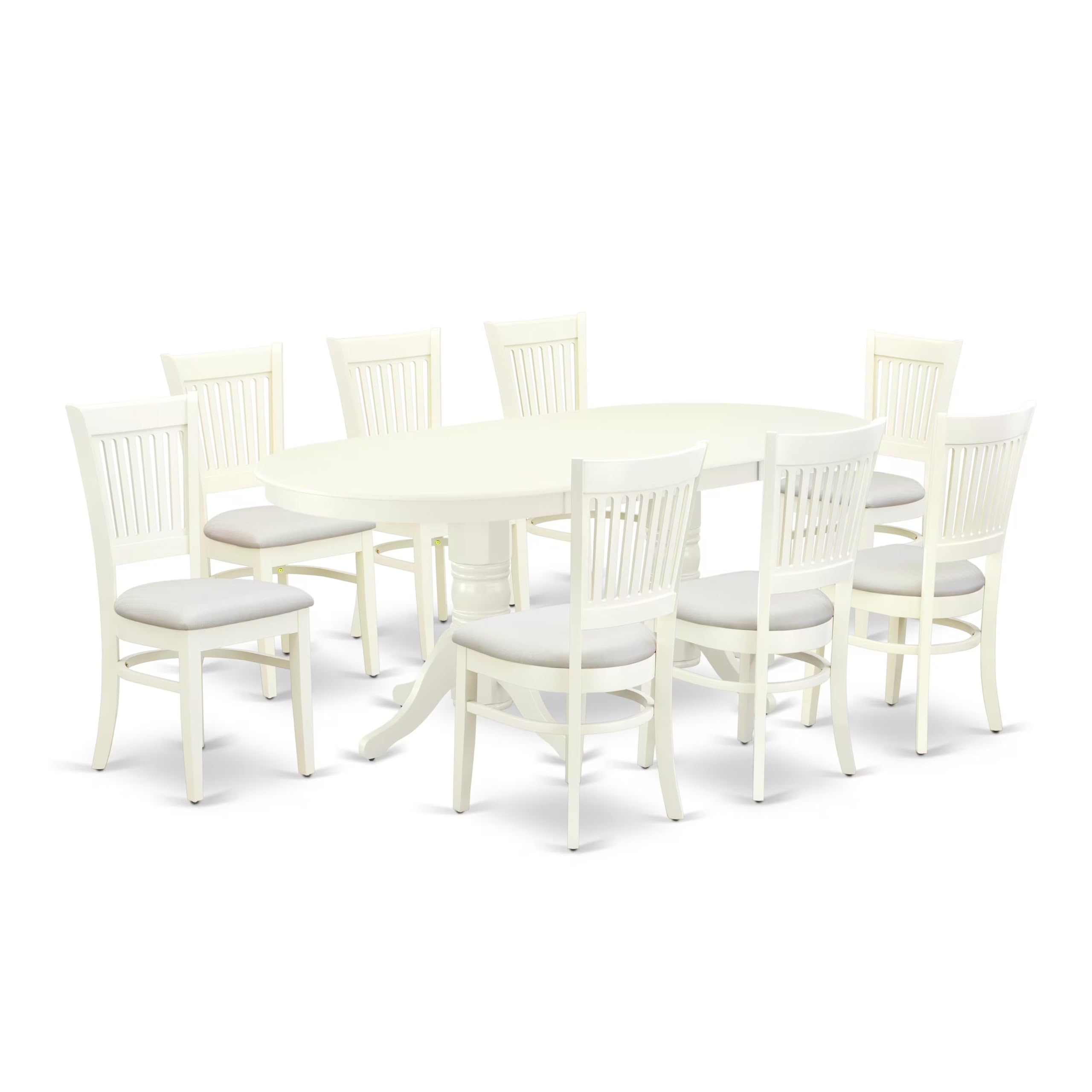 East West Furniture Vava9-Lwh-C 9 Piece Dining Set Includes An Oval Dining Room Table With Butterfly Leaf And 8 Linen Fabric Upholstered Kitchen Chairs, 40X76 Inch, Linen White